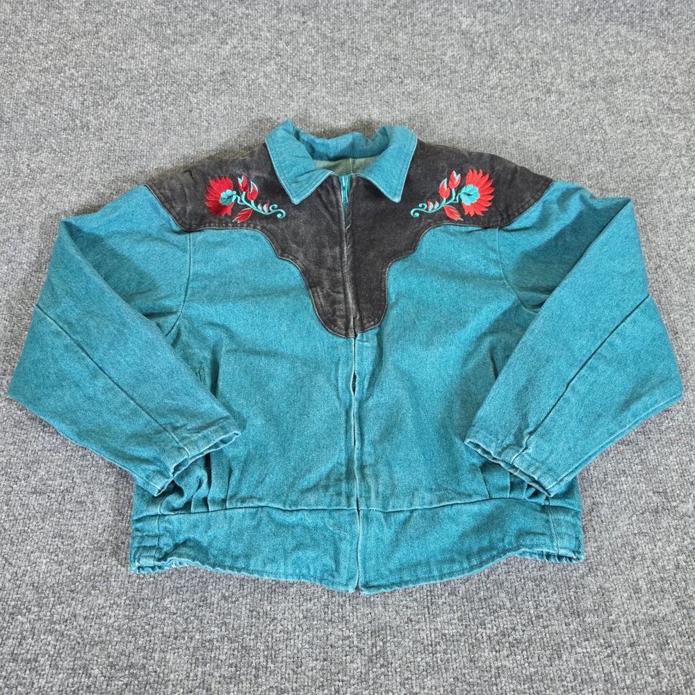 90s Pioneer Wear Kids Vintage Teal Western Embroidered Jacket Size 12 Made USA